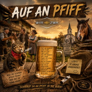 Wir-Zwa Song „Auf an Pfiff“ – humorvolles Albumcover mit Wirtshaus, Bier und österreichischer Dorfkultur im Mundartstil.