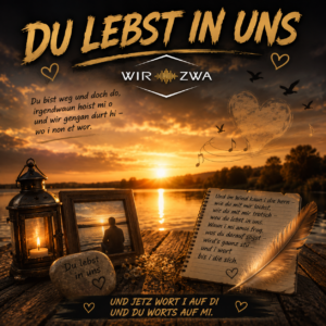 Wir-Zwa Song „Du lebst in uns“ – emotionales Albumcover mit Sternenhimmel und Lichtsymbol als Erinnerung an geliebte Menschen.