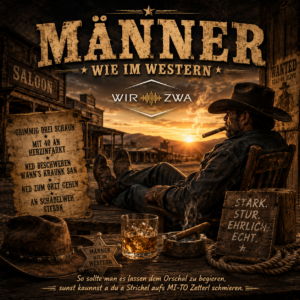 Wir-Zwa Song „Männer wie im Western“ – Western-Cover mit Cowboy, Saloon und Sonnenuntergang im Vintage-Stil