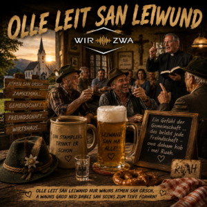 Wir-Zwa Song „Olle Leit san leiwund“ – rustikales Wirtshausmotiv mit Stammtisch, Bier und österreichischem Humor.